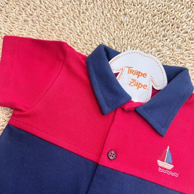 Macacão Curto Piquet com Gola Polo Barquinho - Vermelho e Marinho